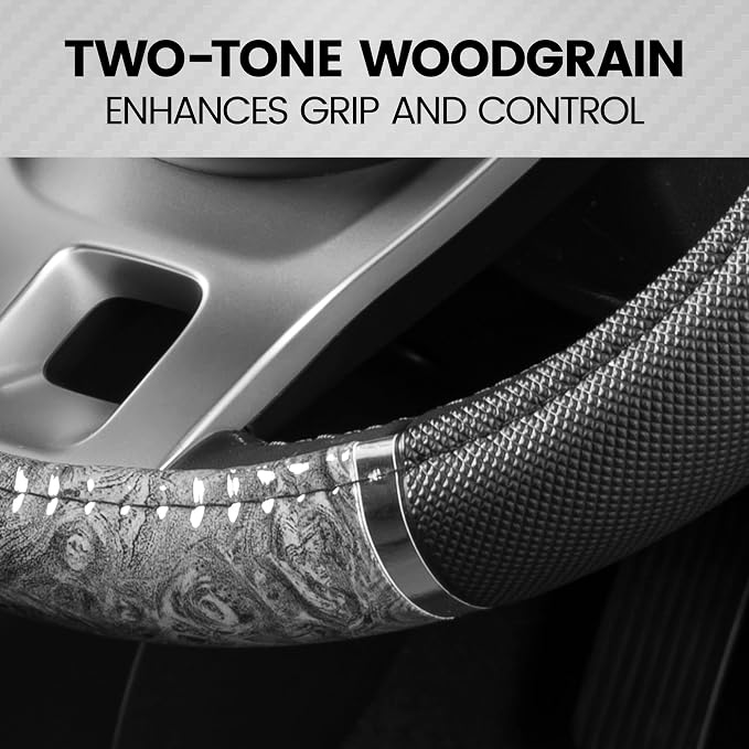 Chrome Wood Grain Black & Gray Steering Wheel Cover for Cars, Trucks, Van, SUVs - Elegant and Comfortable Grip Accessories