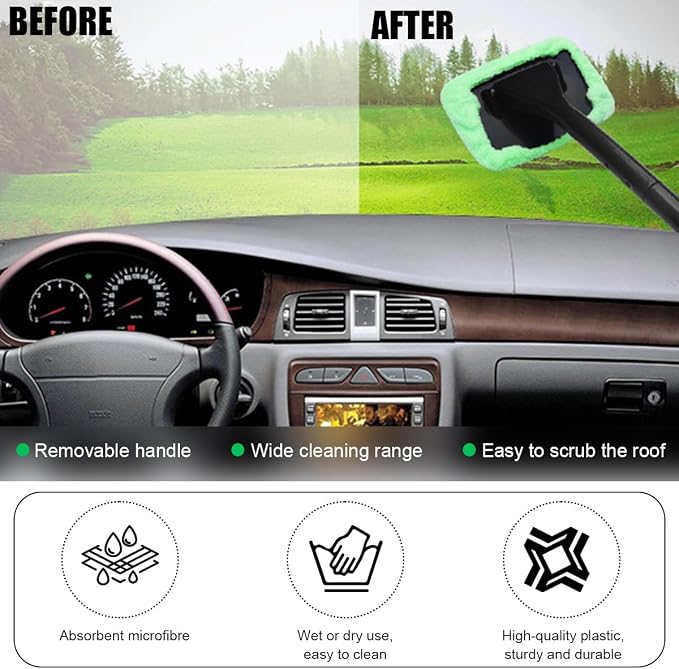 Car Windshield Cleaning Tool, Microfiber Auto Window Cleaner with 4 Cloth Pads & Long Handle, Reusable Window Cleaning Tool Kit for RV SUV Truck, Car Accessories (Green)