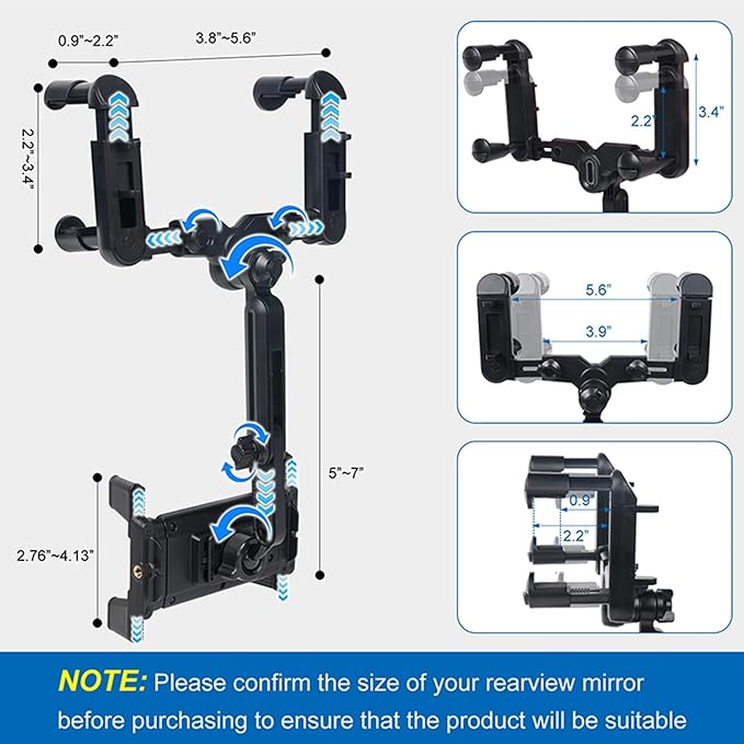 kelofam Phone Mount for Car,Car Rear View Mirror Phone Holder, Multifunctional 360°Rotatable and Retractable Tablet Holder for Car，Suitable for iPhone,iPad,Samsung Z Fold 7 6 5, All Foldable Phones