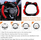 Car Steering Wheel Cover, Fluffy Soft Plush for Winter Warm, Cute Steering Wheel Protector with Kitty Cat Ears, Universal 15 Inch, Elastic & Anti-Slip, Lovely Decor Car Accessories (Black/Red)