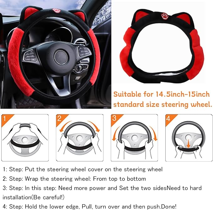 Car Steering Wheel Cover, Fluffy Soft Plush for Winter Warm, Cute Steering Wheel Protector with Kitty Cat Ears, Universal 15 Inch, Elastic & Anti-Slip, Lovely Decor Car Accessories (Black/Red)