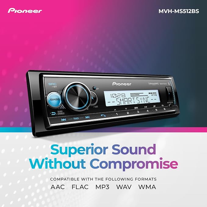 MVH-MS512BS Marine Digital Media Receiver – Bluetooth, SiriusXM, USB, FLAC, Conformal Coating, Color Change, White Display for Outdoor, AM/FM Radio, Hi-Volt RCA, iPhone/Android Compatible