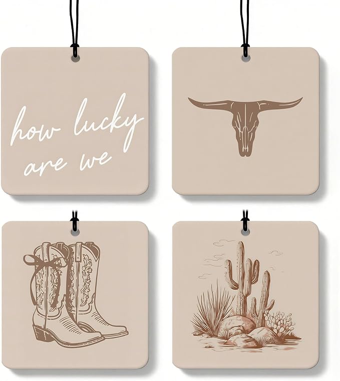 Boho Beige Western Orange Car Air Freshener 4 Pcs, Preppy Cow Skull Cactus Cowgirls Boots Square Hanging Air Freshener for Closet Drawer Books, Western Car Accessories Mirror Decor for Women