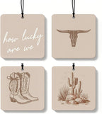 Boho Beige Western Orange Car Air Freshener 4 Pcs, Preppy Cow Skull Cactus Cowgirls Boots Square Hanging Air Freshener for Closet Drawer Books, Western Car Accessories Mirror Decor for Women
