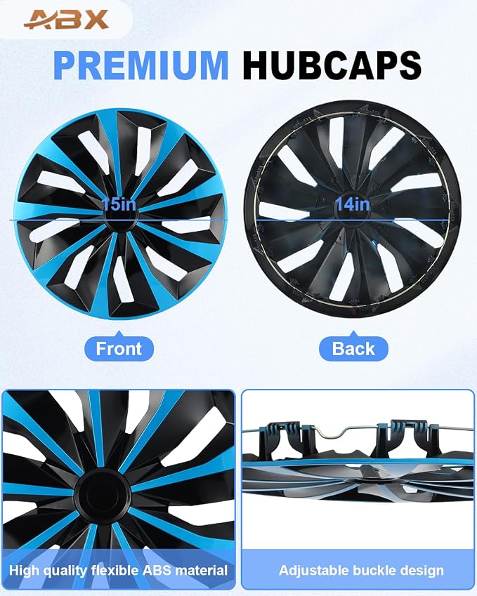 Hubcaps,15 inch hubcaps Set of 4, Wheel Rim Cover ABS Material, Snap On Car Truck SUV Replacement, for Toyota Camry Nissan Mazda etc, Black & Blue