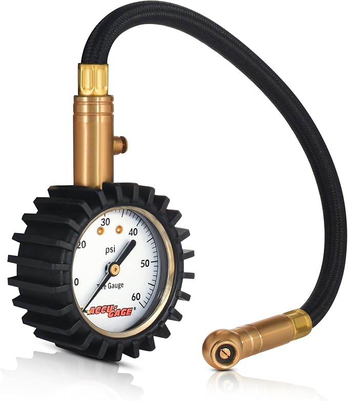 RH60XA Tire Pressure Gauge with Hose and Protective Rubber Guard, Angled Swivel Chuck, 60 PSI
