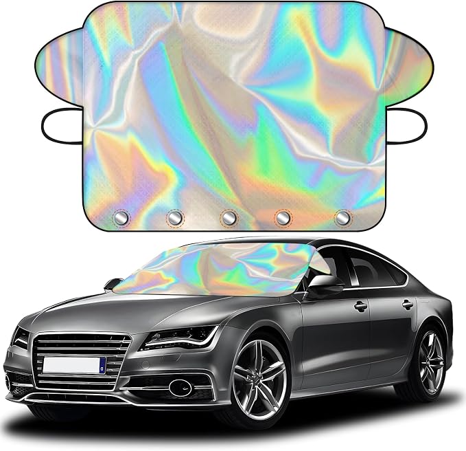 Car Windshield Snow Ice Cover, Laser Titanium Silver Windshield Snow Ice Cover with Magnetic Edges Used for Snow Protection, Rain and Sun, Fits for Most Cars, SUV(63"x47")