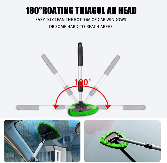Windshield Cleaner Tool - Portable Car Interior Window Cleaning Kit with Extendable Handle, 4 Microfiber Towel Pads, Auto Glass Wiper for Windshield, Universal for RV, SUV, Truck (Green)