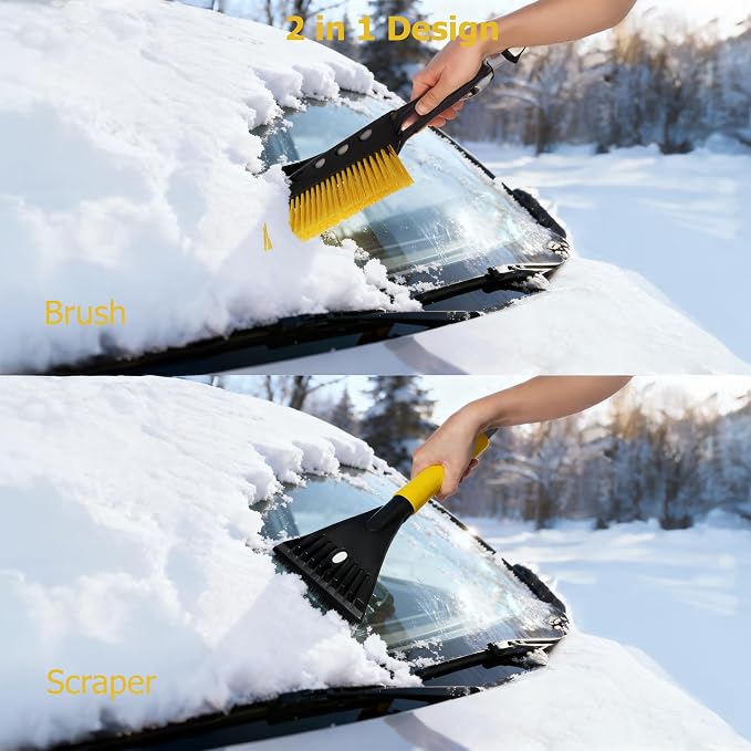 30–37" Extendable Snow Brush & Ice Scraper with Non-Slip Foam Grip Aluminum Handle, Scratch-Free Bristles, 2-in-1 Winter Car Tool, Yellow