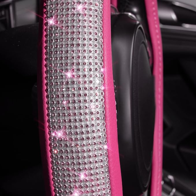 Diamond Pink Leather Steering Wheel Cover, with Bling Crystal Rhinestones Universal Fit 14" 1/2-15" Crystal Glitter for Women Sparkle Girl Fit Suvs,Vans,Sedans,Cars,Trucks, Pink Diamond