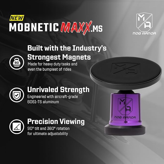 MobNetic Maxx MS - MagSafe Compatible Car Phone Mount w/ 90º Tilt, 360º Rotation & Durable Aluminum Build, Magnetic Holder for iPhone & Android Devices, USA Assembled - Purple Chrome