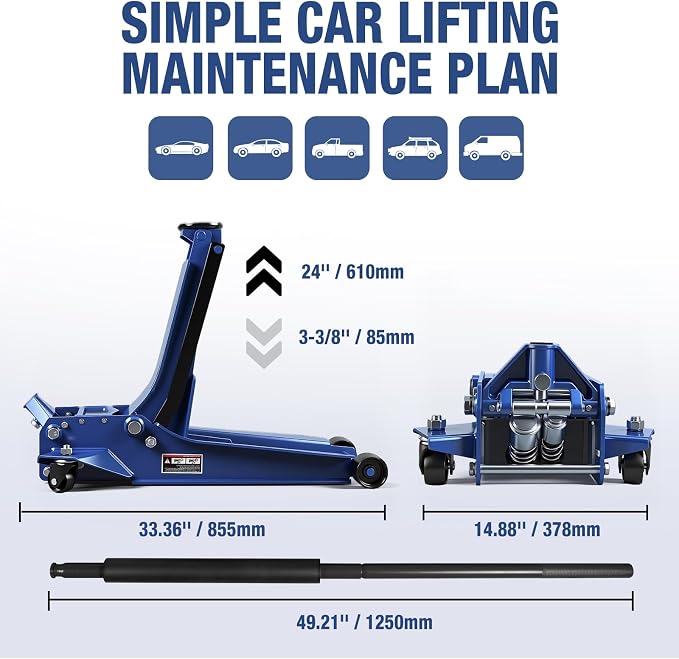 3 Ton Floor Jack Extra Long Reach Low Profile Hydraulic Jack with Dual Piston Quick Lift Pump, for Home Garage & Professional Auto Shop Vehicle Maintenance, 6,600 LBS Load Capacity, Blue