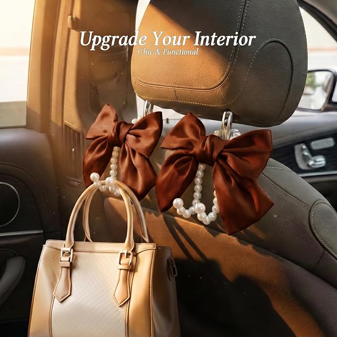 2PCS Satin Bow Pearl Car Seat Headrest Hooks – Car Bag Holder & Vehicle Hanger for Purses – Cute Coquette Aesthetic Interior Decoration – Cute Auto Organizer Accessories Universal (Woody Brown)