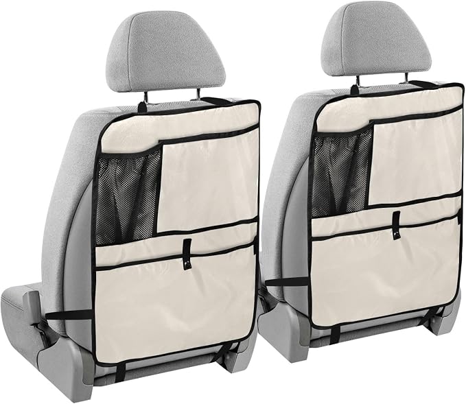 Beige Car Seat Organizer for Kids Backseat Kick Mat with Adjustable Strap Back of Seat Protector for SUV Vehicle Car 1 Pcs