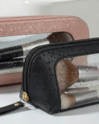Small Clear Makeup Bag, PU Leather Travel Makeup Brush Case Portable Transparent Waterproof Cosmetic Organizer Pouch with Zipper for Women Home Travel Office Cosmetic Storage (Chic Black)