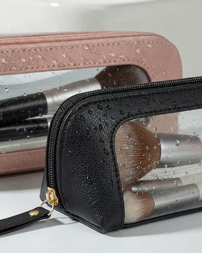Small Clear Makeup Bag, PU Leather Travel Makeup Brush Case Portable Transparent Waterproof Cosmetic Organizer Pouch with Zipper for Women Home Travel Office Cosmetic Storage (Chic Black)
