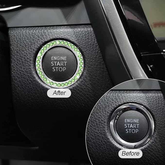 Bling Car Engine Start Ring Decals, 2PCS Crystal Rhinestone Vehicle Push Start Button Cover Sticker, Key Ignition Knob Ring, Sparkling Automotive Interior Accessories (Set Cyan)