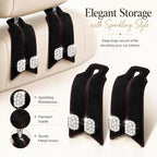 2Pcs Bling Car Headrest Hooks, Premium Leather & Sparkling Rhinestone Dual Metal Hooks, Back Seat Organizer for Bags, Coats, Purses and Groceries (Crystal Black)