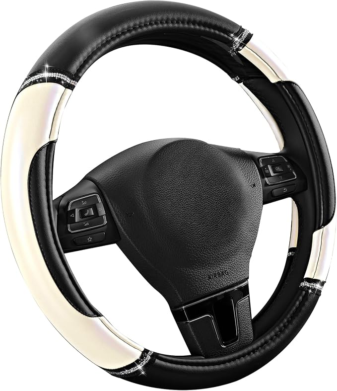 Leather Steering Wheel Cover - Made with PVC Leather - Anti-Slip, Universal Fit 14 1/2 inches to 15 inches - White