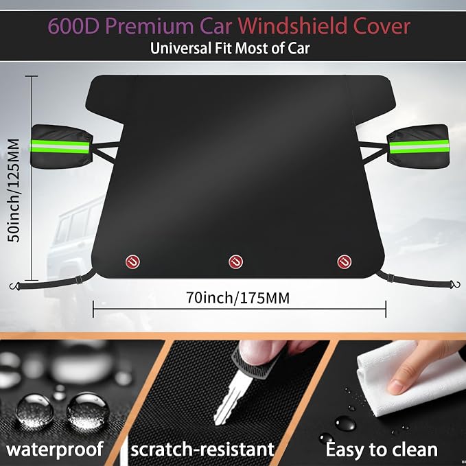 Car Windshield Cover for Ice and Snow, 600D Oxford Fabric Windshield Snow Cover Heavy Duty, Magnetic Car Anti-Snow Cover, Winter Frost Hail Protector for Most Sedan Truck SUV Van MPV (70 x 50 Inch)