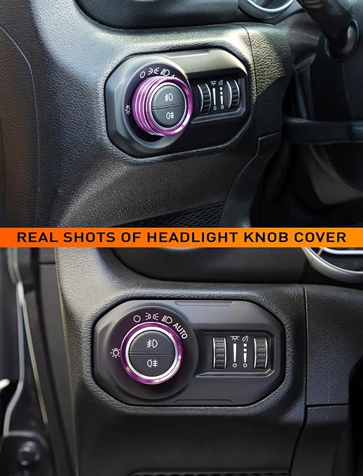 HVAC Climate Control Panel Knob Trim Kit & Light Control Switch Cover, Air Conditioner Knob Aluminum Alloy Ring for 2018-2024 Jeep Wrangler JL JLU & Gladiator JT, Interior Accessories,Purple