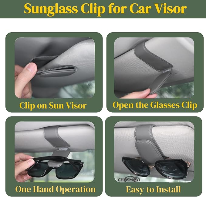 CHOSMOYI Magnetic Leather Sunglass Holder for Car, Sunglasses Clip for Car Visor, Auto Interior Accessories Universal for Different Size Eyeglasses (Grey)