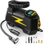 Tire Inflator Portable Air Compressor, 12V DC Car Air Pump with Auto Shutoff, 150 PSI Digital Gauge, LED Light, Metal Valve Connector, Accessories for Cars, Yellow