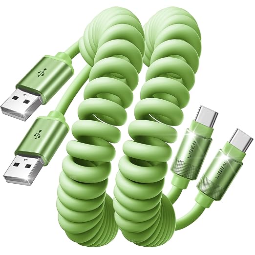 Coiled USB C Cable, 2 Pack for Android Auto & CarPlay Cable, Short USB A to USB C Cable Compatible with iPhone 17/16/15, Samsung Galaxy S25/S24/S23 A15/A14, Google Pixel 9/8, Green 4FT