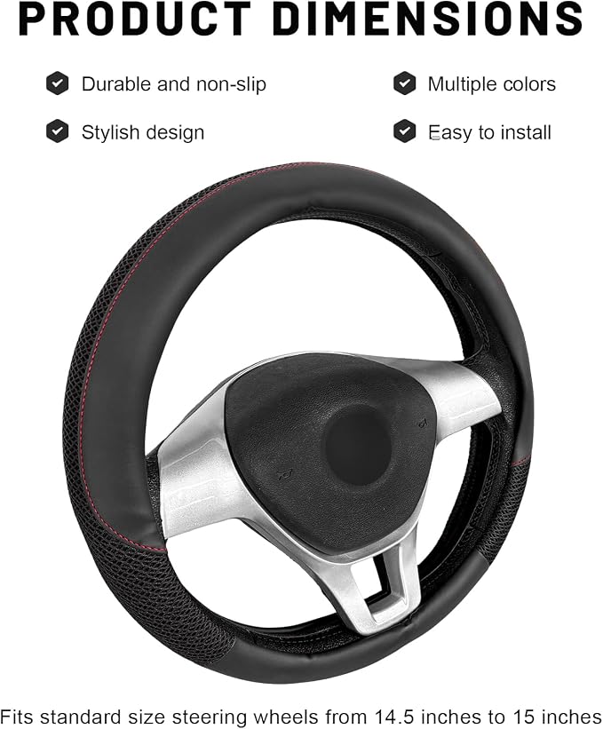 Sun Walker Steering Wheel Cover, 15 inch Breathable Steering Wheel Protector with Anti-Slip Lining, Comfortable Wheel Wrap Cover for Most Vehicles, Universal Car Accessories (Black)