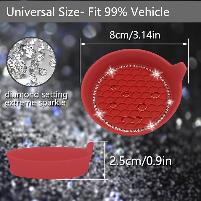 4PCS Bling Car Coasters, Non-Slip Insert Water Bottle Holder Pads, Bling Crystal Rhinestone Dustproof Automotive Interior Accessories, Universal for Vehicles, Trucks, RVs (4 pcs, Red)