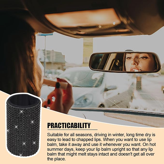 Upright Car Chapstick Holder, Bling Insulating Lip Balm Holder,Rhinestone Car Accessories for Women Interior,Suitable for Most Vehicles. (Black)