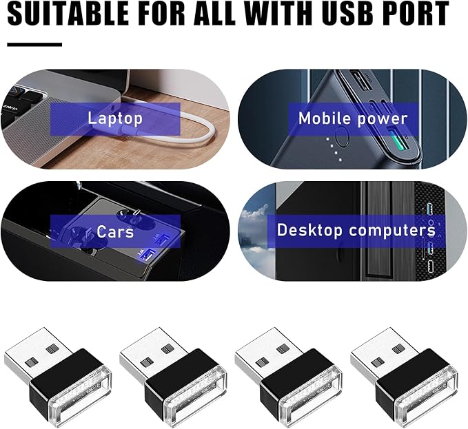4 PCS USB LED Car Interior Atmosphere Lamp, Portable Mini LED Night Light, Plug-in USB Interface Trunk Ambient Lighting Kit, Universal Interior Car Accessories (Ice Blue)