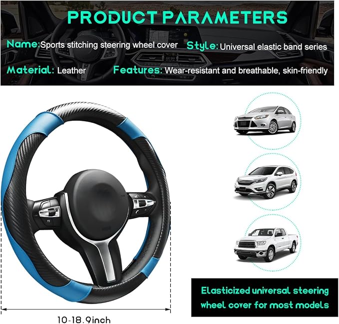 Car Steering Wheel Cover, 15 inch Carbon Fiber Microfiber Leather Elastic Steering Wheel Protector, Breathable Anti-Slip Comfortable Steering Wheel Covers for Most Cars (Black&Blue)