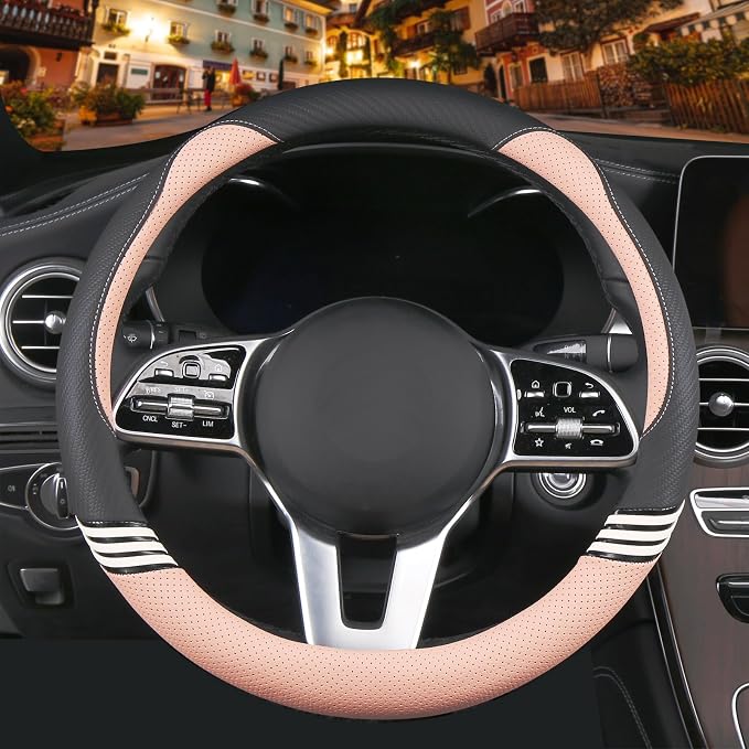 14 inch Cute Steering Wheel Cover for Women Men Faux Leather and Carbon Fiber,Black and Pink