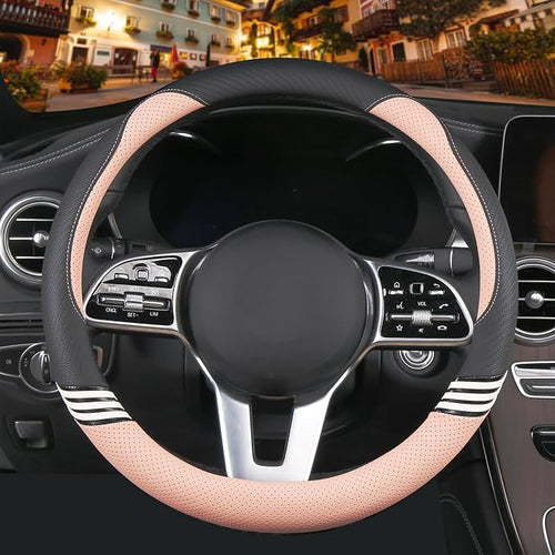 14 inch Cute Steering Wheel Cover for Women Men Faux Leather and Carbon Fiber,Black and Pink