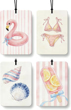 Pink Summer Beach Car Air Freshener 4 Pcs Coconut Scented, Coastal Preppy Flamingo Bikini Car Accessories Mirror Decor for Women, Girly Hanging Air Freshener for Cars Closet Drawer Books
