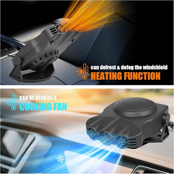 Car Heater 12V 200W 2-in-1 Defroster & Defogger, Fast Heating, Large Airflow, 360° Rotation, Durable High-Temp Design for All 12V Vehicles