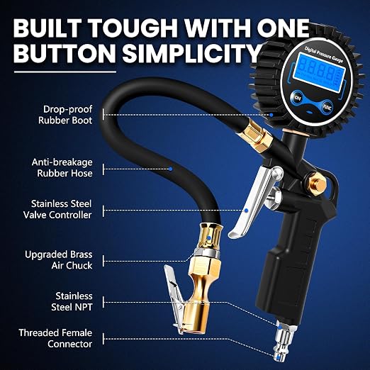 Digital Tire Gauge with Inflator & Deflator - LED Display & 0.1 PSI Resolution - Quick Release Valve & Heavy Duty Chuck - w/Adapter for Car, Truck, SUV, Motorcycle, RV, Balls