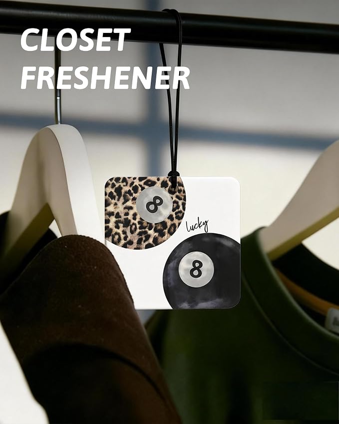 Funky Leopard Print Orange Car Air Freshener 4 Pcs, Cheetah Print Lucky 8 Ball Ace Card Square Hanging Air Freshener for Closet Drawer Books, Girly Y2k Car Accessories Mirror Decor for Women