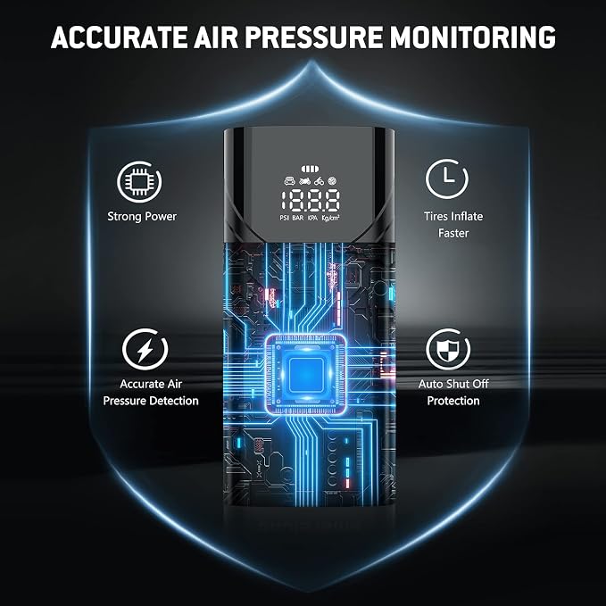 Tire Inflator Portable Air Compressor, 150PSI Cordless Tire Pump with Rechargeable Li-ion Battery 6000mAh, Digital Electric Air Pump with Emergency LED Light for Car, Tires, Bicycle, Motorcycle, Balls