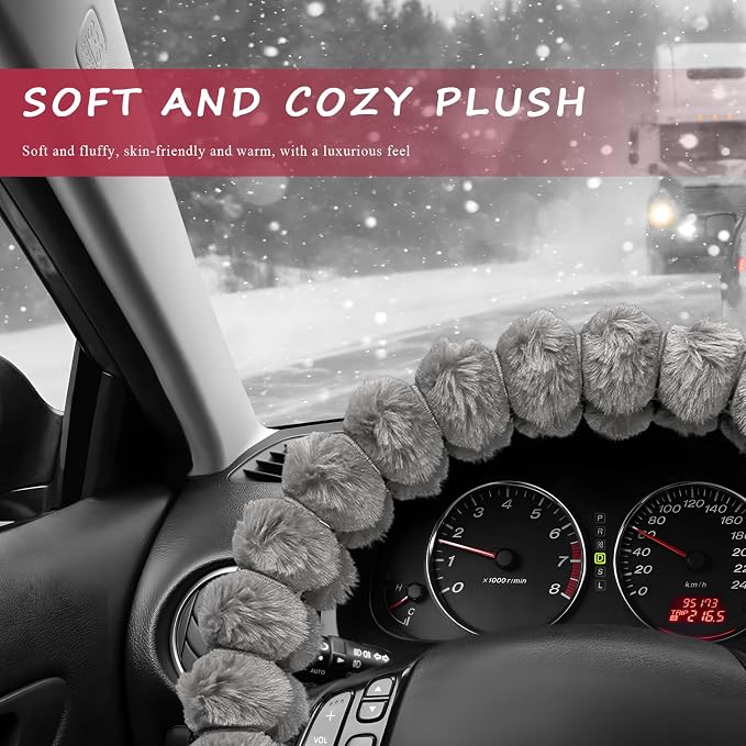 Sun Walker Fluffy Car Steering Wheel Cover, Soft Plush Anti-Slip Steering Wheel Protector for Warm Winter, Fuzzy Comfortable Wheel Cover Auto Interior Accessories for Women Girl (Gray)