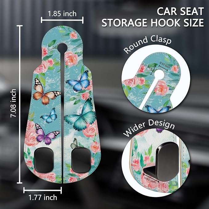 2PCS Car Seat Back Storage Headrest Hooks, Butterfly Purse Holder Bags Hanger, PU Leather Double Metal Hook for Backseat Organizer, Women Car Accessories Organization
