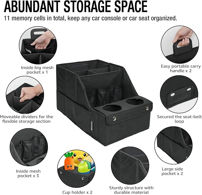 Car Seat Organizer- Backseat Car Organizer with 11 Storages Compartments and 2 Cup Holders, Organizers and Storage, Front Seat for Travel Kids,Black