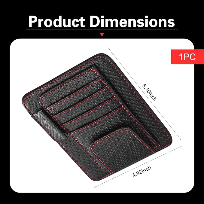 Car Sun Visor Organizer, Premium Leather Sun Visor Sunglass Holder with Card Holders & Pen Clip Slot, Universal Car Interior Organizer for Driving License, Card, Pen (Black & Red)