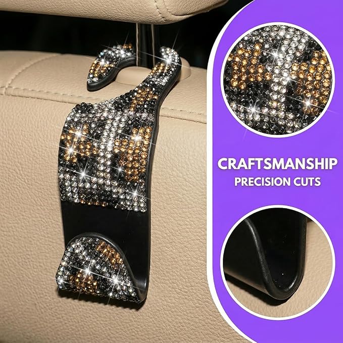 Bling Car Seat Headrest Hooks, 2PCS Leopard Print Backseat Storage Hanger Hooks for Women, Automotive Interior Rear Headrest Decoration Organizers, Universal for Vehicles (Coffee)