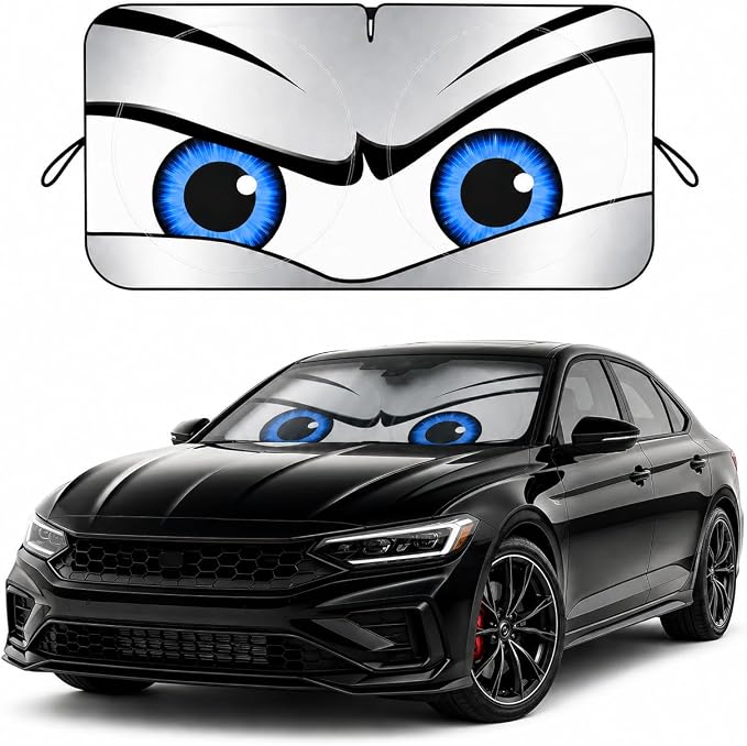 Car Windshield Sun Shade, Universal Fit Compact Sedan SUV, Sport Silver | 59 x 27.5" Car Sun Visor, Foldable Front Window Sunshade, UV Heat Protection, Cute Eyes Series