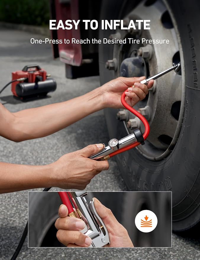 25.6'' Heavy-Duty Tire Pressure Gauge with Inflator, Dual Head Chuck ANSI B40.1 Accurate Tire Inflator with Pressure Gauge, 10-120PSI, Compatible with 1/4" NPT Air Compressor