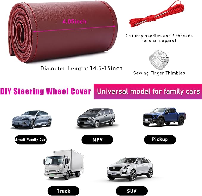 Genuine Leather Steering Wheel Cover, Stitch on Wrap, Breathable Anti-Slip Car Steering Wheel Protector for Max Diameter 15 Inch, DIY Sewing with Needles Thread (Wine Red, Glossy)