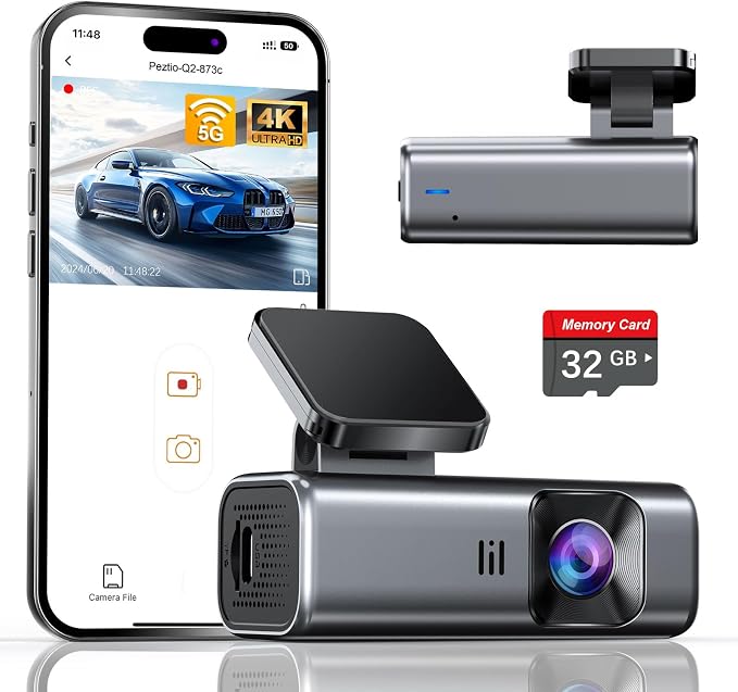 4K Dash Cam Front, Built-in 5G WiFi, 32GB Card Included, Dash Camera for Cars, Mini Dashcam with Super Night Vision, Loop Recording, G-Sensor, 24 Hours Parking Monitor, Support 256GB Max