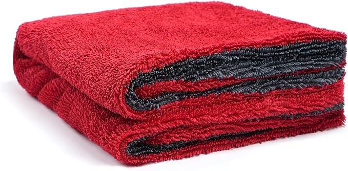 1000GSM Car Drying Towel 18"x24", Edgeless Double Twist Pile, Ultra Absorbent Microfiber Towel, Scratch-Free Lint-Free Streak-Free for Auto Detailing & Car Wash – Red&Grey